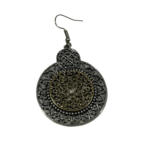 Boho Silver and Gold Round Cut Metal Drop Earrings - Picture 3 of 5